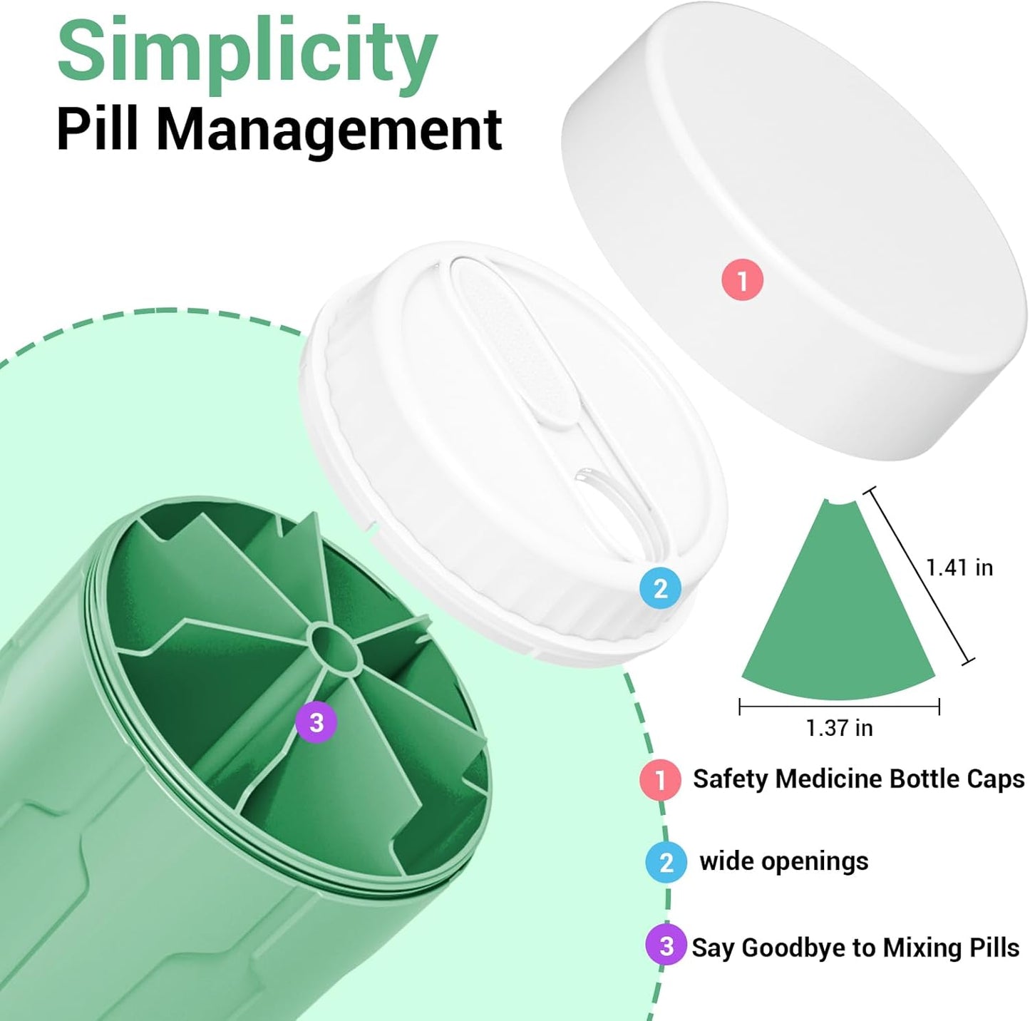 Betife Extra Large Supplement Organizer,Weekly Pill Organizer Bottle, Daily Pill Dispenser with 7 Large Compartments, Organizer to Hold 7 Day Vitamin Medication,21 Labels and a Cleaning Brush（Green）