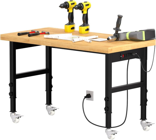 48" Solid Wood Work Bench, Adjustable Height Workbench with Wheels, Heavy-Duty Work Table with Power Outlets, 2000 LBS Capacity Workstation for Garage, Workshop