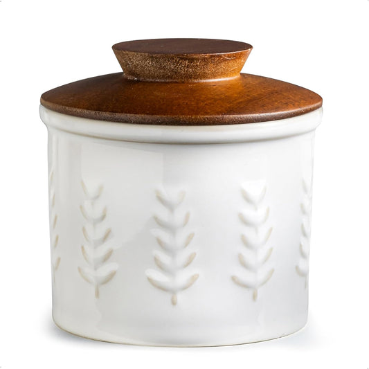 Ceramic Butter Dish With Lid, Butter Crock for Countertop, French Butter Keeper for Spreadable Butter, Elegant Embossed Pattern, Cream White