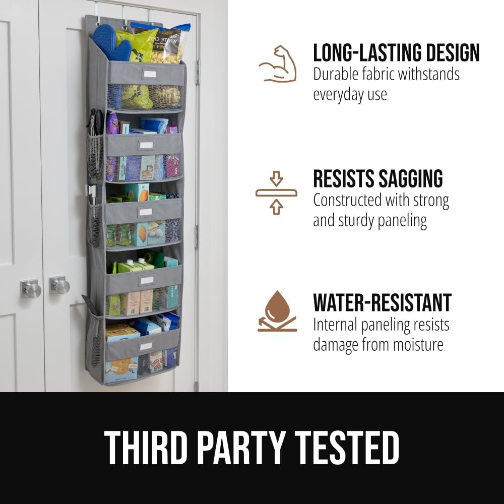 GORILLA GRIP Large Capacity Closet Organizer, 5 Deep Shelves, Holds 50lbs, Over the Door Organizers 6 Mesh Pockets, Shelf Storage for Clothes Crafts Dorm Essentials, 3 Metal Hooks, 58x15 Inches, Gray