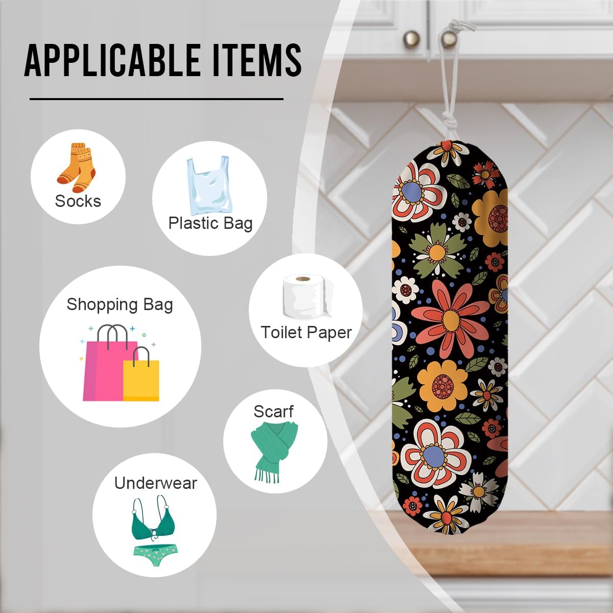 Flower Plastic Bag Holder, Wall Mount Grocery Bags Organizer, Washable Car Trash Bags, Kitchen Housewarming Gifts for Women Family Friends Grandma Mom, Kitchen Pattern Garbage Bag 59