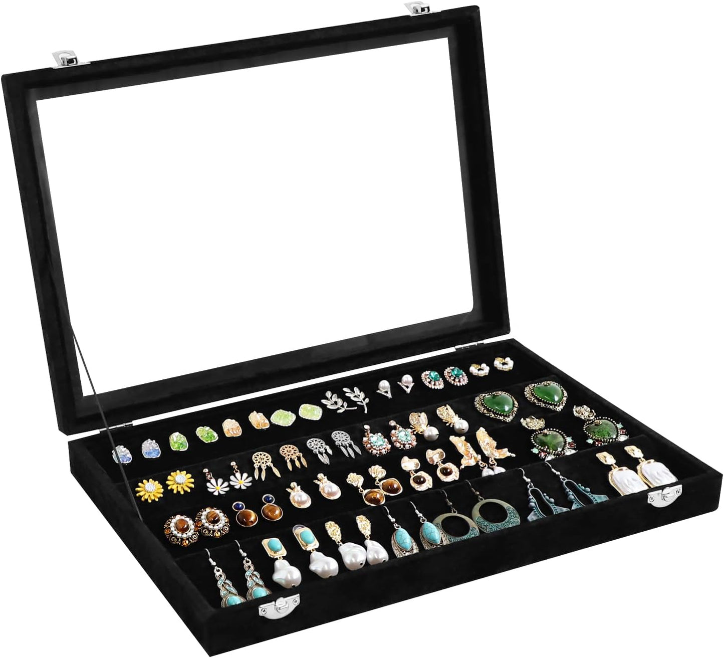 Wudygirl Earring Organizer Tray Jewelry Organizer 32 Pairs Earring Box Organizer Black Velvet Jewelry Display Case with Transparent Lid(Black Earring Storage)