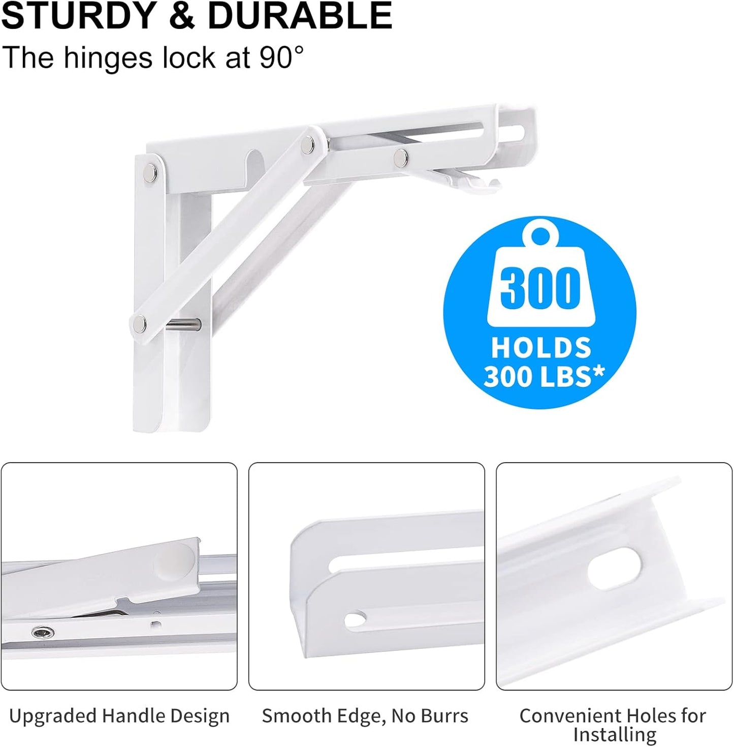 YUMORE Folding Shelf Brackets, 8 Inch Heavy Duty Collapsible Shelf Bracket, DIY L Bracket for Workbench Folding Table Hinge, Max Load: 300lb, White, 2 Pack