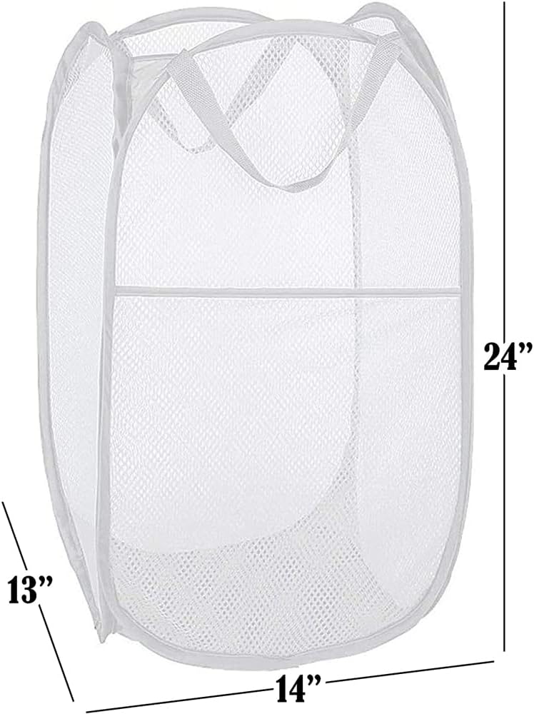 BATTOO Deluxe Strong Mesh Pop up Laundry Hamper Basket with Side Pocket for Laundry Room, Bathroom, Kids Room, College Dorm or Travel White