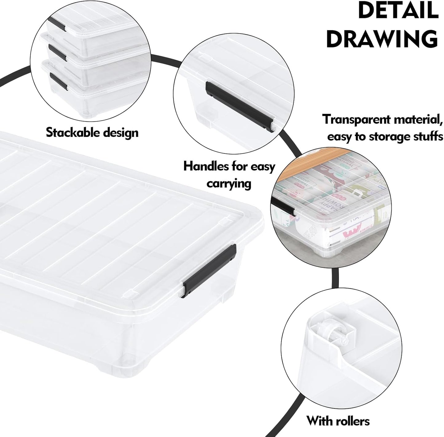 Pack of 4 Stackable Plastic Containers with Durable Latching Lids, Under Bed Storage Containers, 40 Quart
