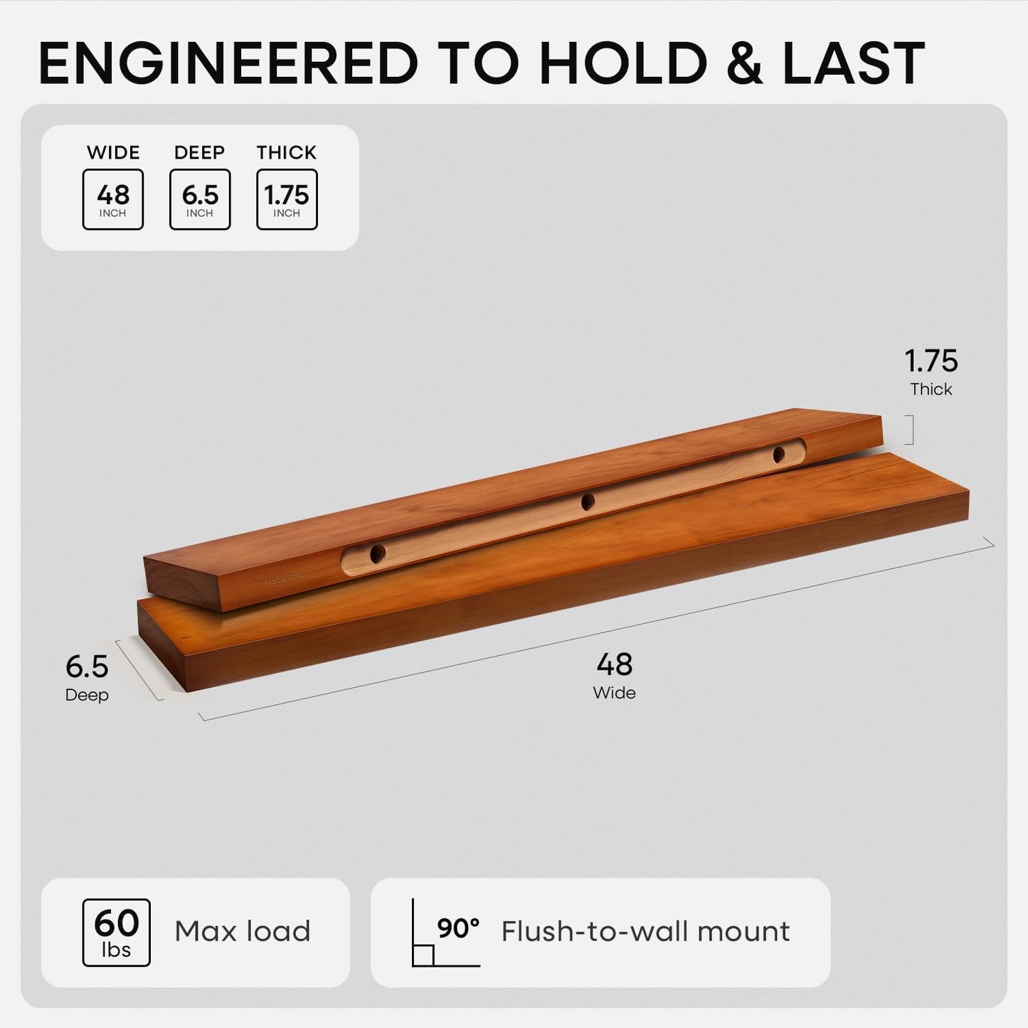 Homeforia Floating 60 inch Oak Shelves, High End Solid Real Wood 60inch Floating Shelf for Wall Mounted, Honey Oak Wooden 60in Large Floating Shelves, Heavy Duty Bracket, 60 X 6.5 X 1.75 in, Set of 3