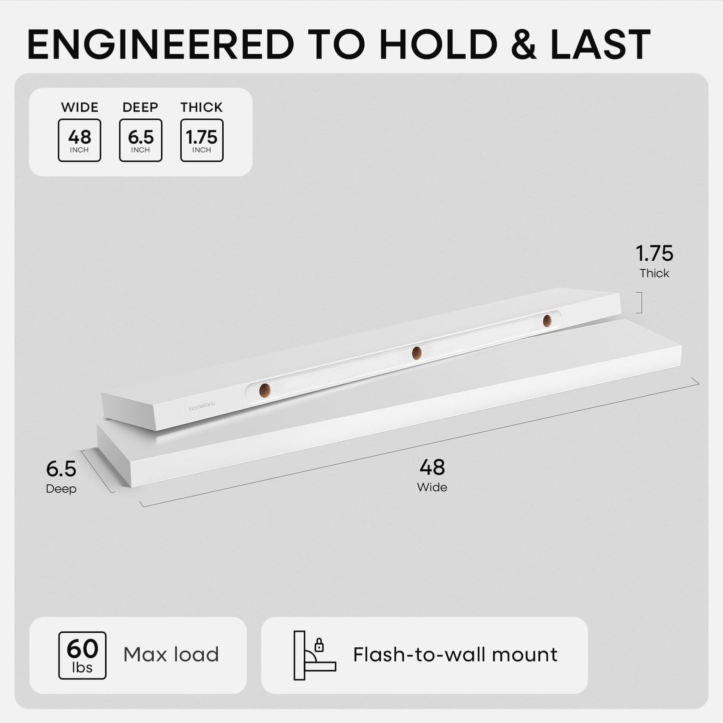 Homeforia White Floating Shelf 48 inches, High End Solid Real Wood 48inch Long Floating Shelves for Wall Mounted, White Wooden 48in Floating Shelves, Heavy Duty Bracket, 48 X 6.5 X 1.75 inch, Set of 3