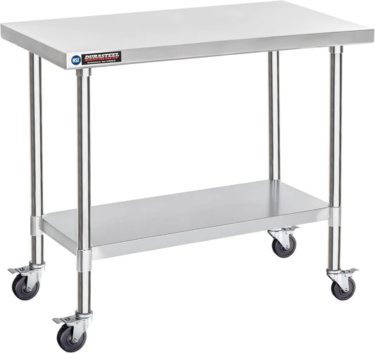 DuraSteel 30x48 NSF Stainless Steel Cart - Heavy Duty Food Prep Table with Undershelf - Rolling Kitchen Island on Wheels for Commercial Restaurant Kitchen, Garage, Outdoor Cooking, BBQ Grill, Counter