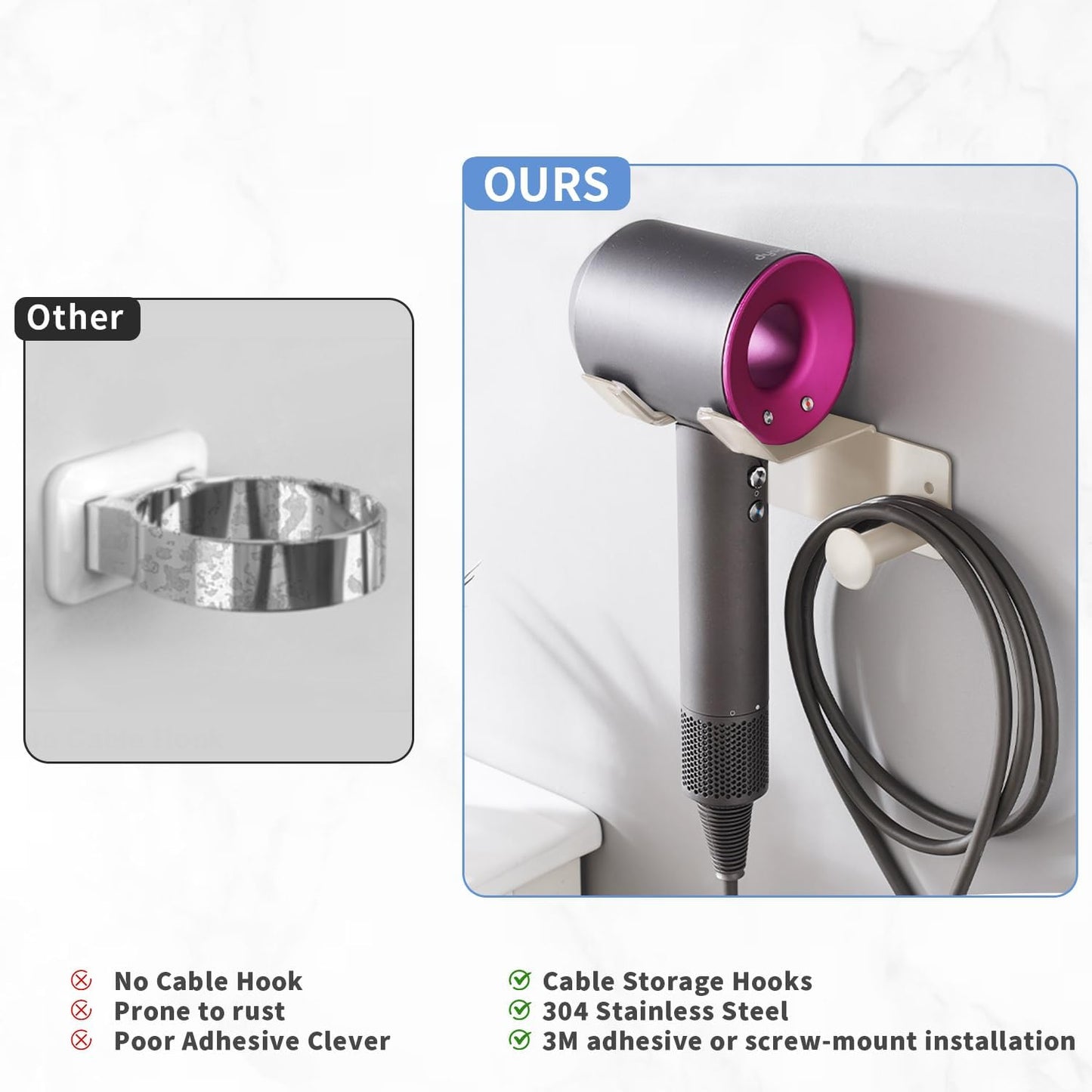 Hair Dryer Holder, Stainless Steel Blow Dryer Holder Self Adhesive, Dyson Hair Dryer Holder Wall Mounted Compatible with Dyson, Hairdryer Holder for Bathroom White PTALSEAW