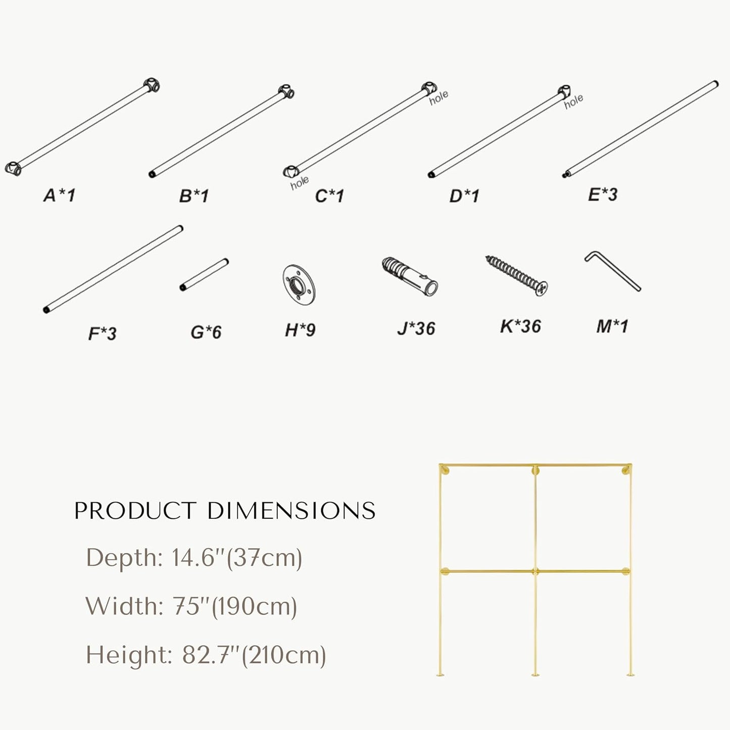 Industrial Pipe Clothing Rack, Heavy Duty Wall Mounted Clothes Rack, Retail Display Hanging Garment Rod for Laundry Rooms Closet Storage, 14.6x75x82.7 Inches, Model K09 Gold