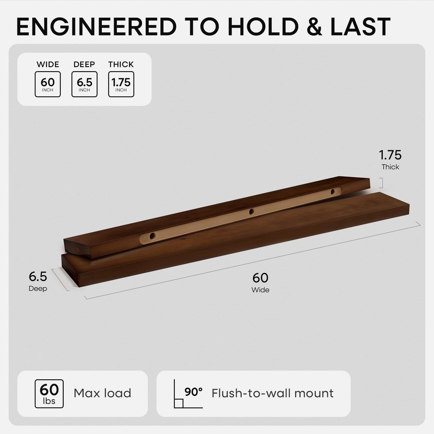 Homeforia Walnut 60 inch Floating Shelf, High End Solid Real Wood 60inch Long Floating Shelf for Wall, Dark Brown Wooden 60in Large Floating Shelves, Heavy Duty Bracket, 60 X 6.5 X 1.75 inch, Set of 3