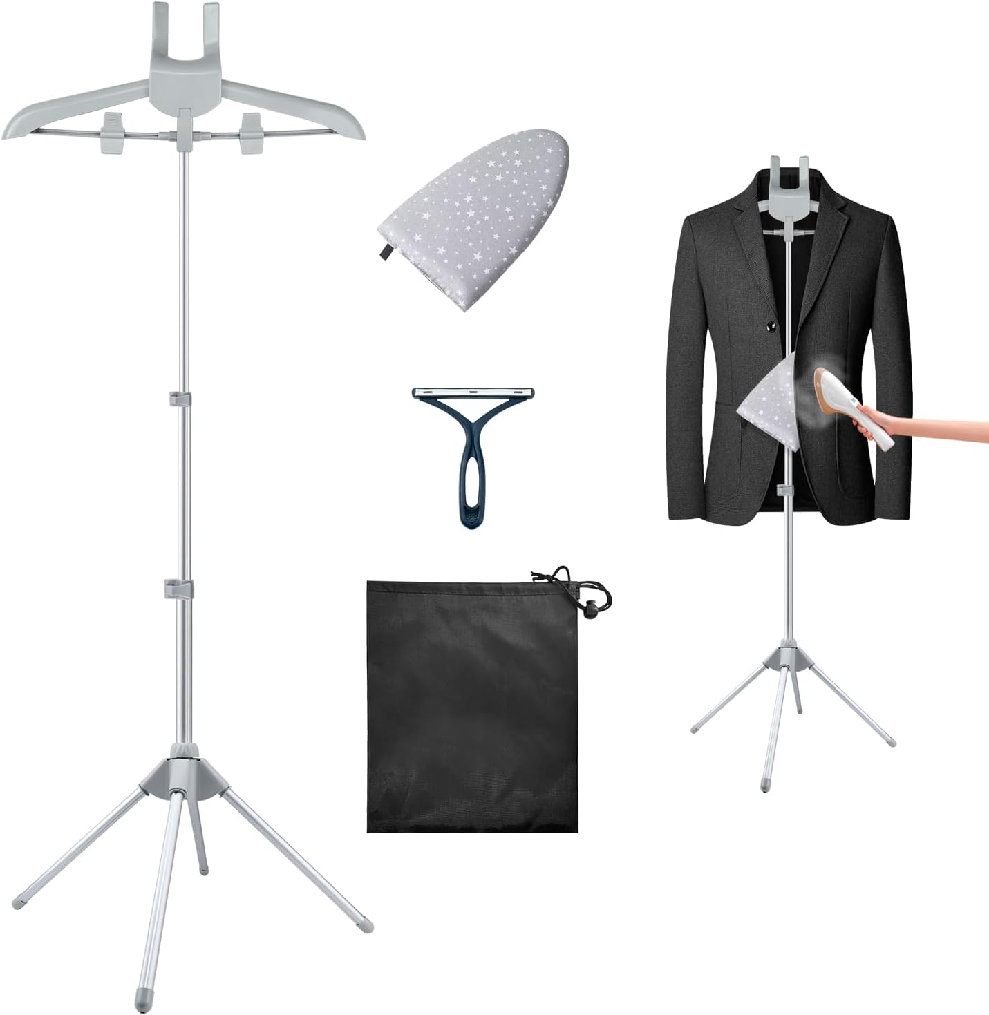 Foldable Garment Steamer Hanger Stand with Ironing Gloves, Adjustable Steamer Rack Included Lint Remover & Storage Bag 2 Clips for Suits Shirts Coats Portable Travel Home Use