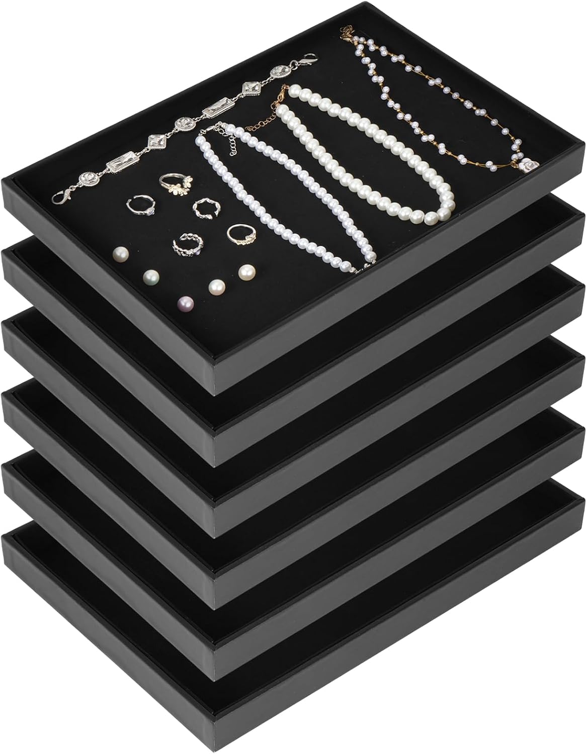 Rainmae 6 Pcs Velvet Stackable Jewelry Tray Showcase Display, Jewelry Organizer Trays for Drawers and Countertop, Black Empty Plates for Necklace, Ring, Bracelet, and Earring Storage Display