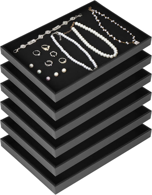 Rainmae 6 Pcs Velvet Stackable Jewelry Tray Showcase Display, Jewelry Organizer Trays for Drawers and Countertop, Black Empty Plates for Necklace, Ring, Bracelet, and Earring Storage Display