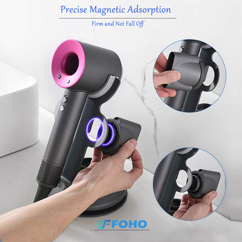 Foho Hair Dryer Holder for Dyson Supersonic, Magnetic Stand with Power Plug Cable Organizer, Bathroom Organizer Supersonic Dryer, Diffuser and Nozzles