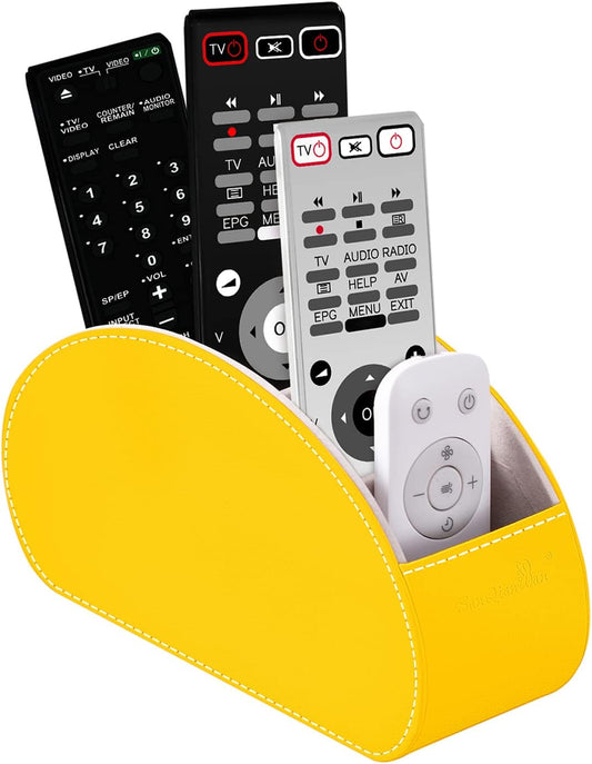 Remote Control Holders Organizer Box with 5 Compartment PU Leather Multi-functional Office Desk Storage Caddy Store Tv Remote for Media Player,Brush,Pencil,Glassees&Office Supplies (Yellow)