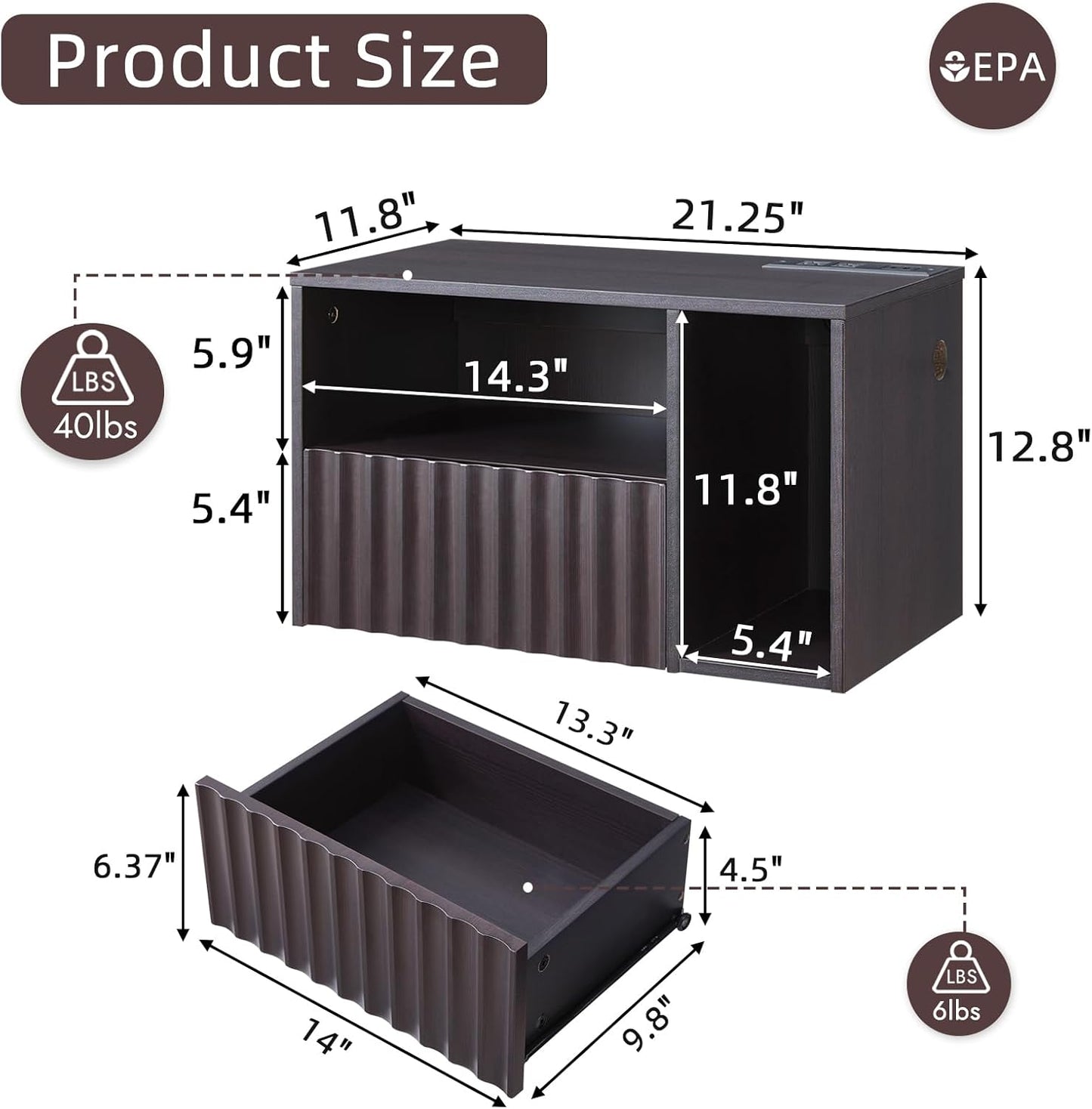 Modern Espresso Fluted Floating Nightstand with Charging Station, NightStand with Drawers, Bedside with USB Ports and Outlets, Bedroom Furniture (Right)
