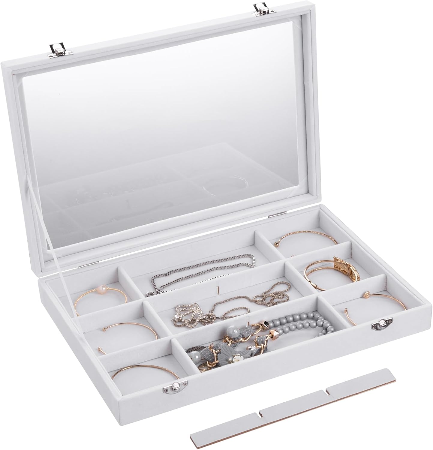 Frebeauty Velvet Jewelry Tray,12 Grid Jewelry Organizer with Clear Lid,Bracelets Holder,Jewelry Display Case with Clasp,Drawer Insert Bangle Brooch,13.8 x 9.5 x 2 Inches,Gift for Women Girls(White)