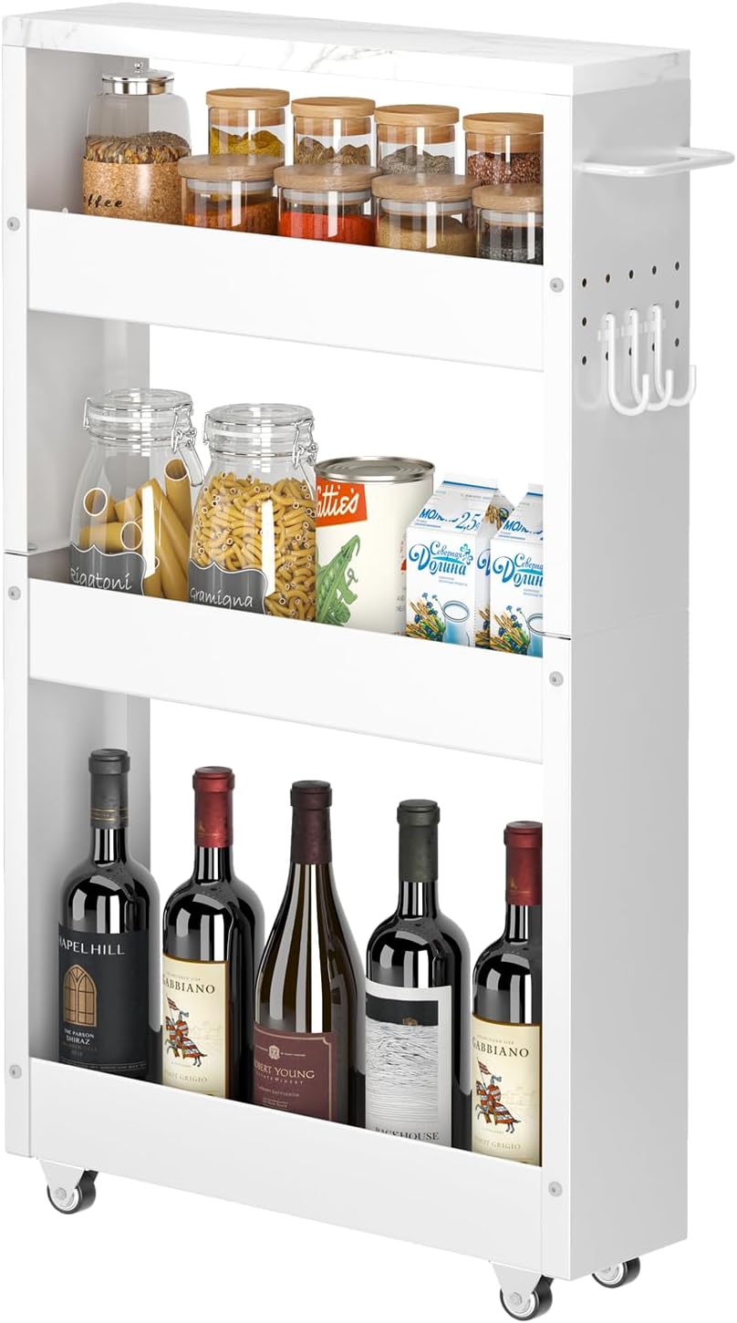 Slim Storage Cart, 4-Tier Kitchen Rolling Cart Narrow Storage Cabinet with Handle & Wheels, Metal Rolling Shelf Unit for Kitchen Bathroom Laundry Small Places(5 in Width/White)