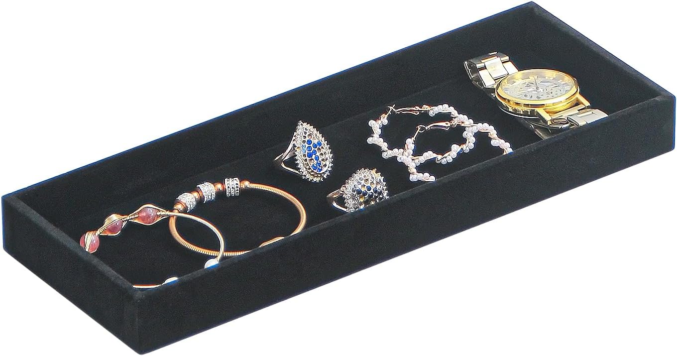 Divided Drawer Organizer Tray, Velvet Jewelry Storage Tray, Necklace Bracelet Ring Earring Display Tray,Bedside Nightstand Desk Holder Tray for Phone Watch Sunglasses Cosmetics Storage/Black/1grid