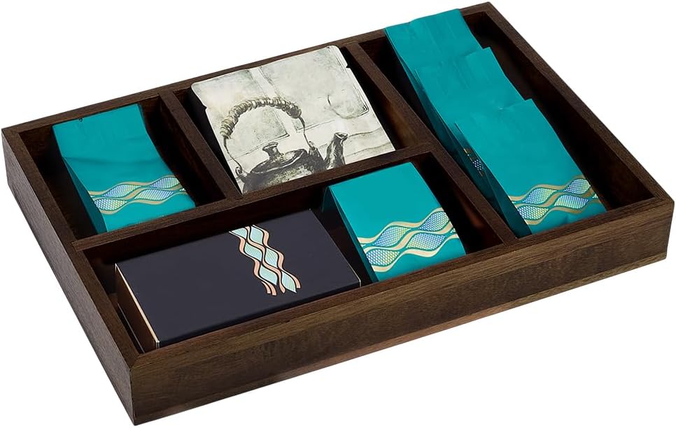 PH PandaHall 5 Grids Wooden Tea Bag Organizer Tea Storage Tray Sugar Packet Holder Condiment Storage Containers Sweeteners Candy Organizer Box for Coffee Station Kitchen Countertop Office Supplies