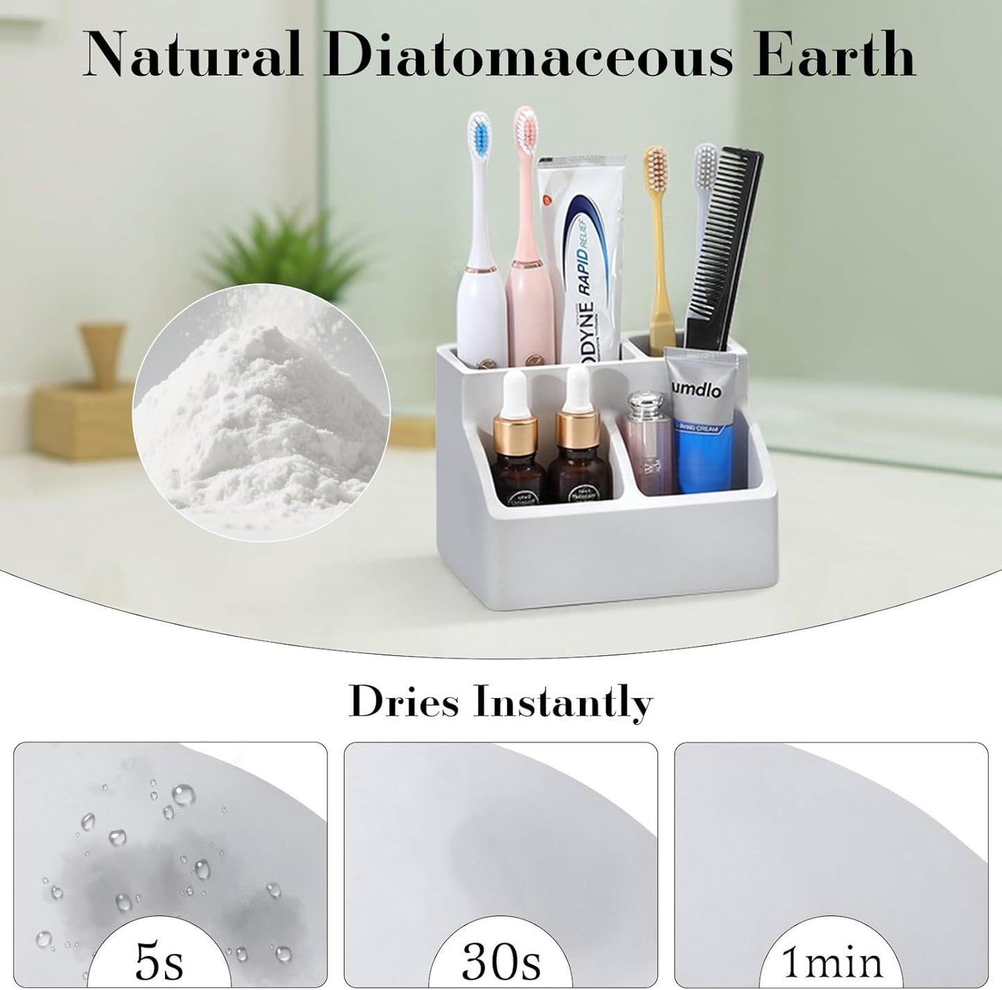 Luxspire Toothbrush Holder, Fast Drying Toothbrush Holders for Bathroom, Diatomaceous Earth Electric Tooth Brush Organizer Toothpaste Holder for Countertop Dresser, Light Gray