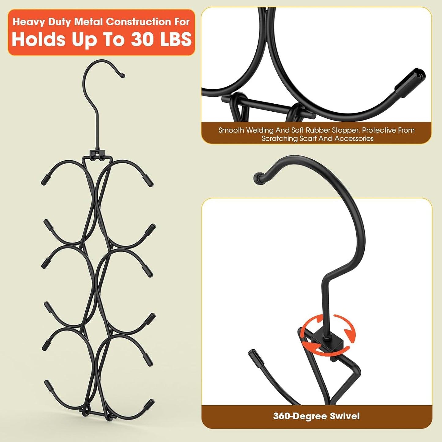 Scarf Hanger 2 Pack 24 Storages,Purse Hanger with 360 Swivel Hook,Scarf Organizer Scarf Hangers for Closet,for Scarves, Shawl,Belt,Purse & Baseball Cap