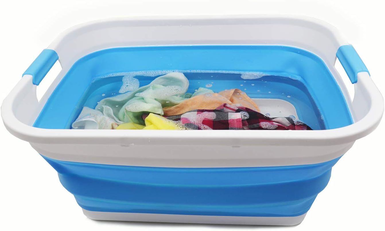 SAMMART 41L (10.8 gallon) Collapsible Plastic Laundry Basket-Foldable Pop Up Storage Container/Organizer-Portable Washing Tub, Water capacity: 32L (8.4 gallon) (Retangular, White/Marine Blue)