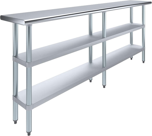 AmGood Stainless Steel Work Table with 2 Shelves | NSF | Metal Utility Table (84" Long x 14" Deep)