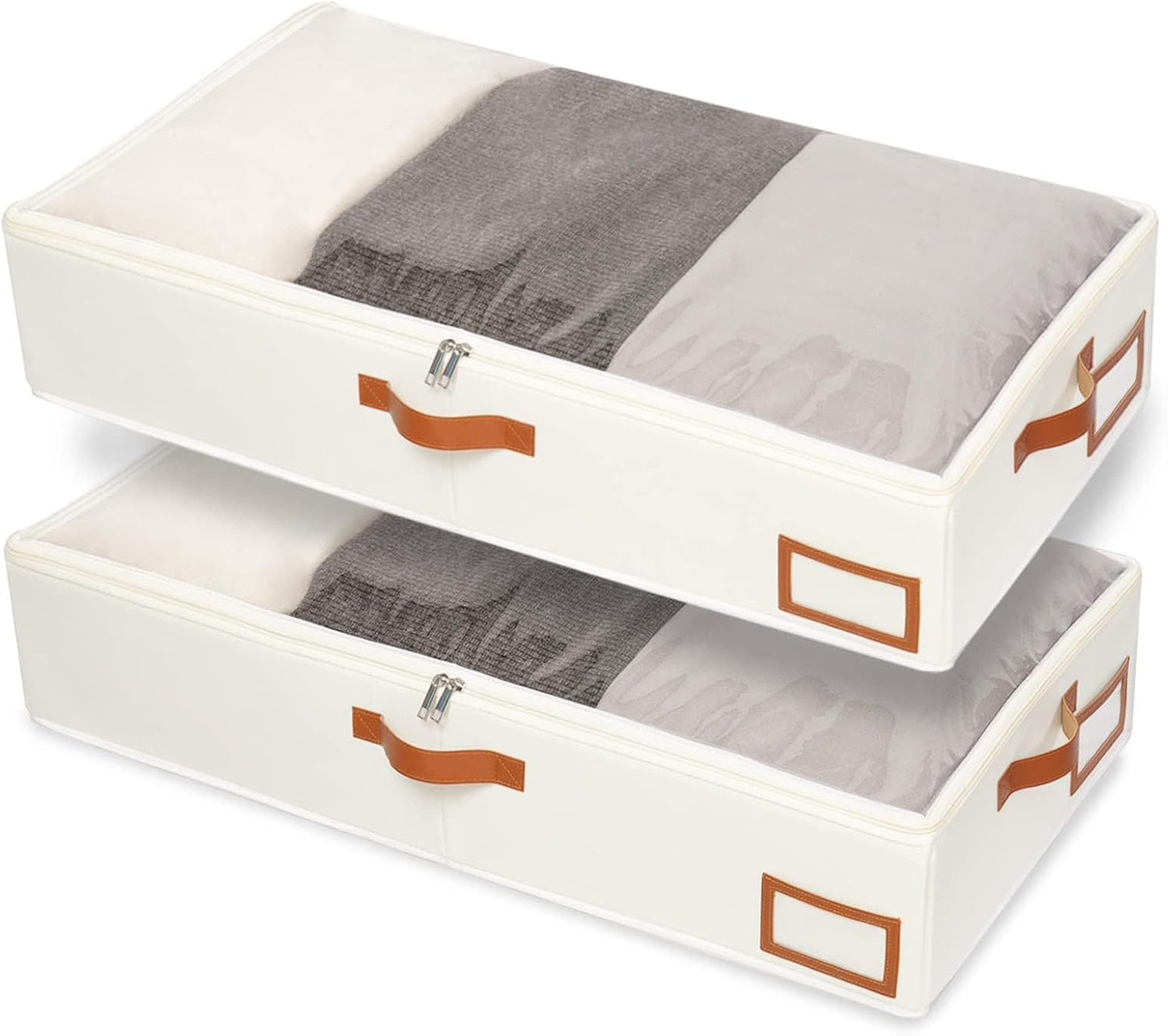 Yawinhe Under Bed Storage Containers, 2 Pack, Bin with Lids, Collapsible Closet Organizers, with Sorting Card Slot and 4 Leather Handles, for Blanket, Bedding, 31.5''Lx15.7''Wx6''H, Beige