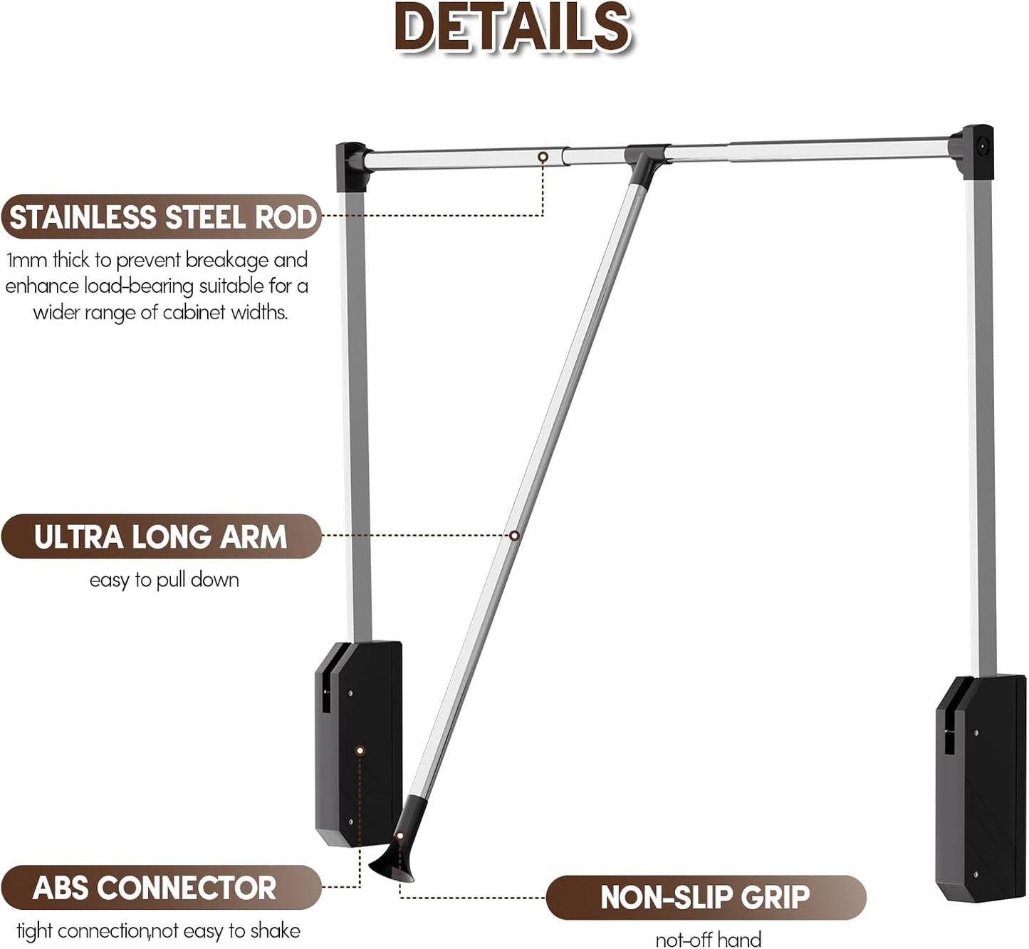 Pull Down Closet Rod, 33 lbs Load Capacity Stainless Steel Clothes Hanging Rod, Adjustable 33-45 Inch Soft-Close Wardrobe Lift Rail Organizer for Bedroom Laundry Room