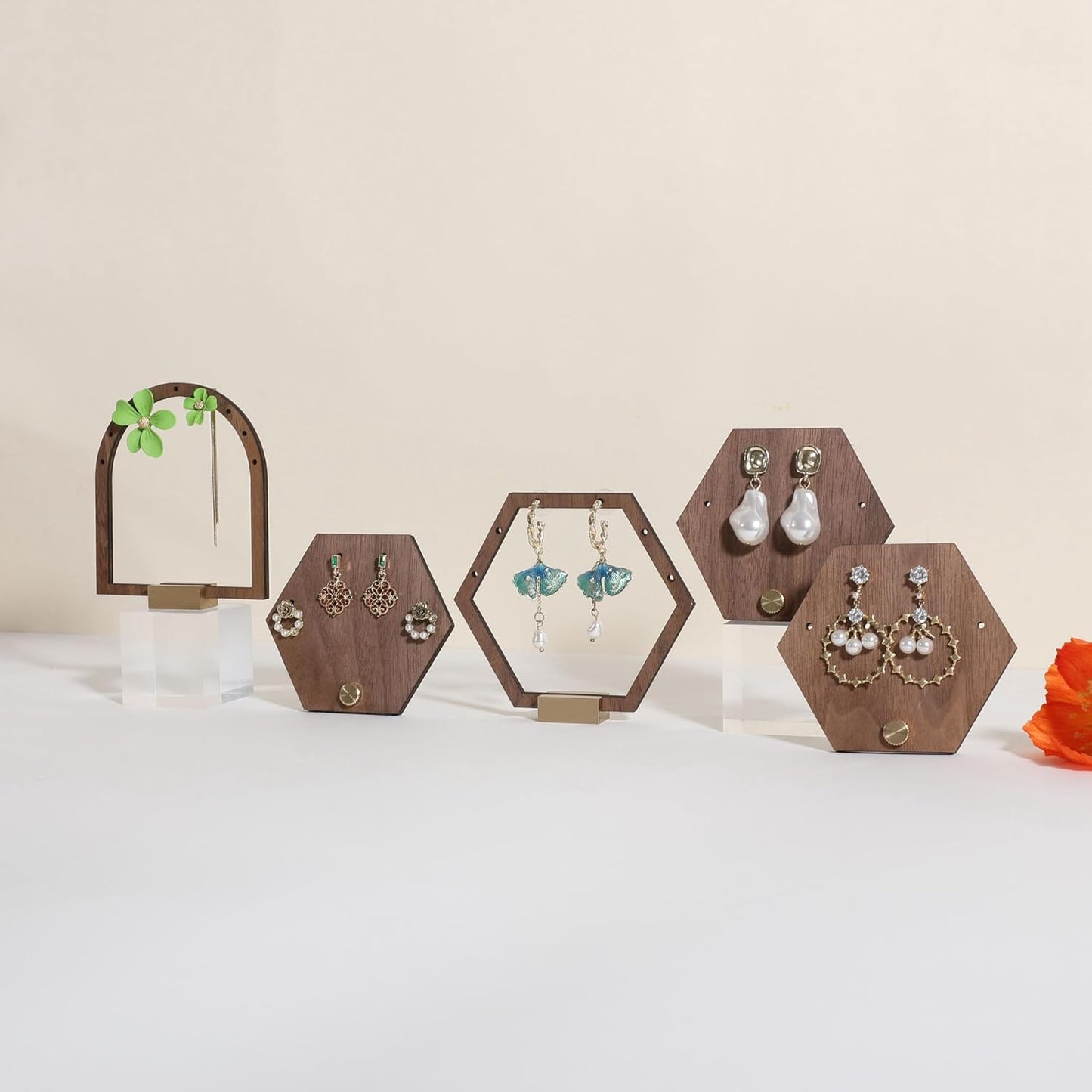 GemeShou 3pcs wooden jewelry earring organizer holder, walnut earring studs stand for boutique store, cute earring display for selling with 6 holes on each【Earring stand-Hexagon-3pcs】