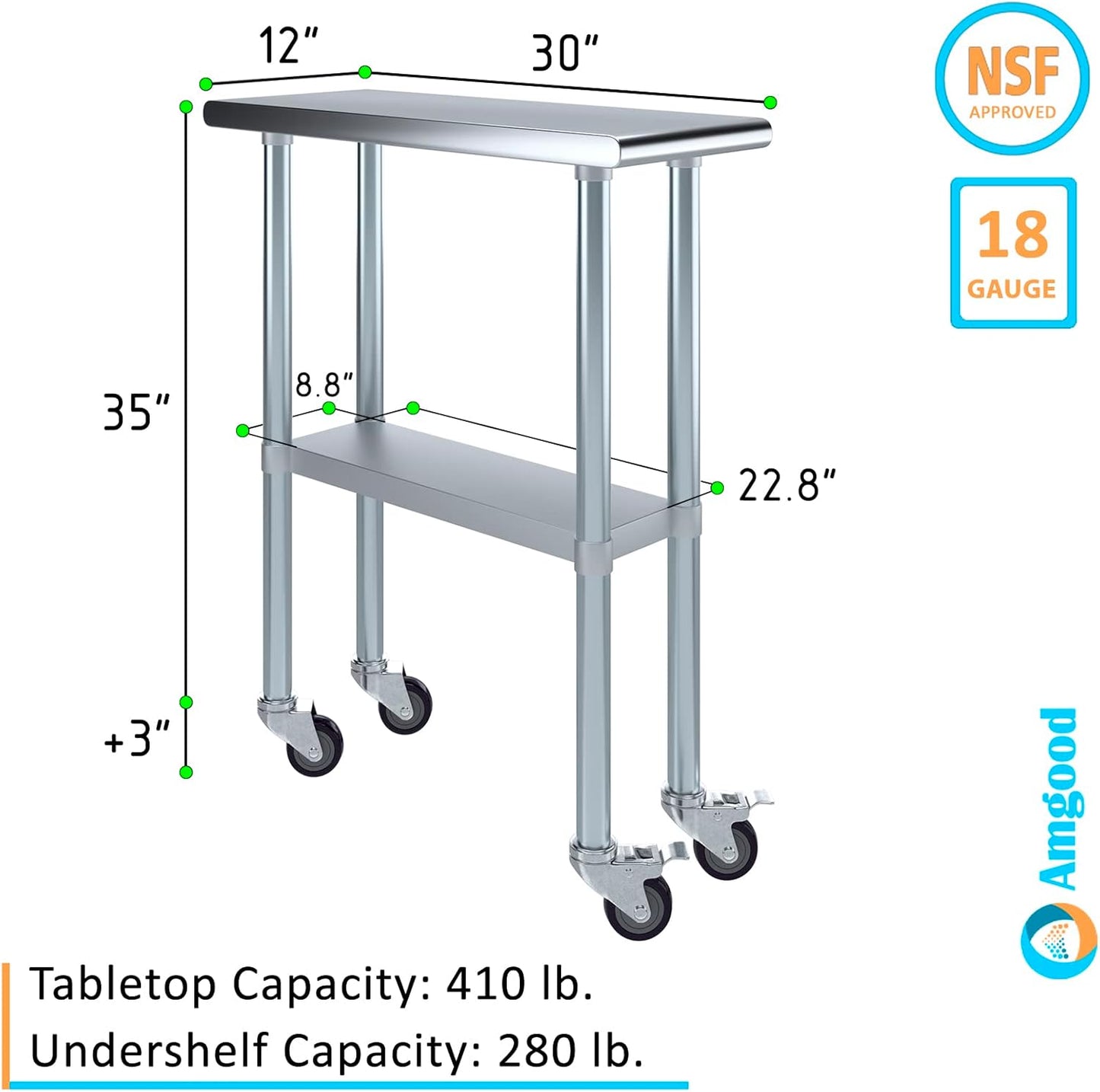 AmGood 12" Long x 30" Deep Stainless Steel Table with Casters