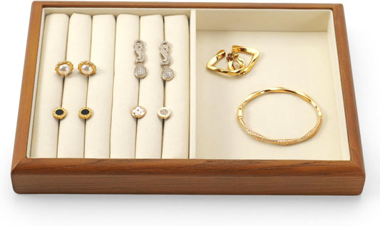 Oirlv Solid Wood Multifunctional Ring Earrings Studs Bangle Jewelry Organizer Tray Jewelry Drawer Organizer(Creamy-white)