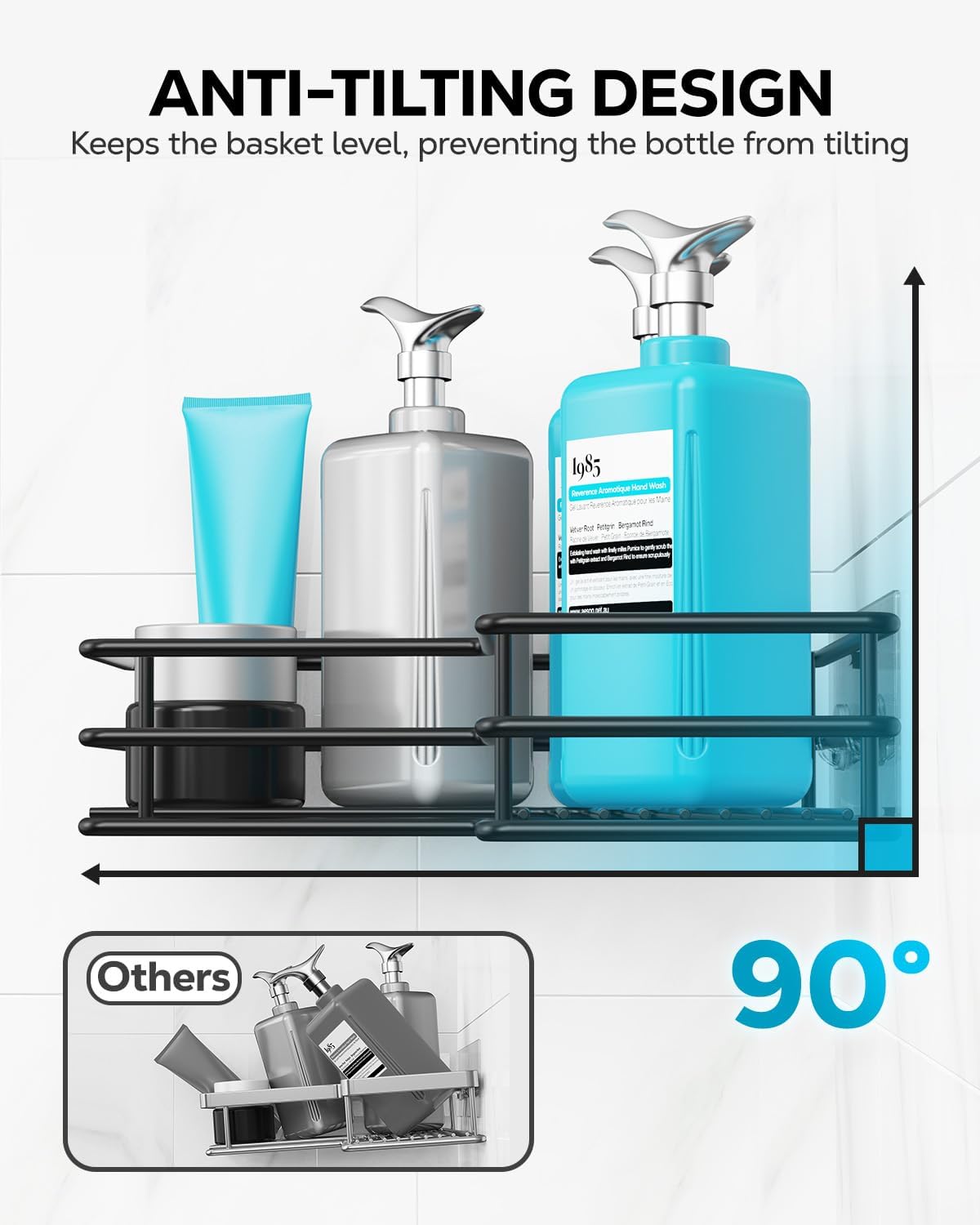 Nieifi Adhesive Corner Shower Caddy Shelf Basket Rack with Hooks, Rust Proof Stainless Steel Bathroom Shelf Shampoo Holder No Drilling (Black)
