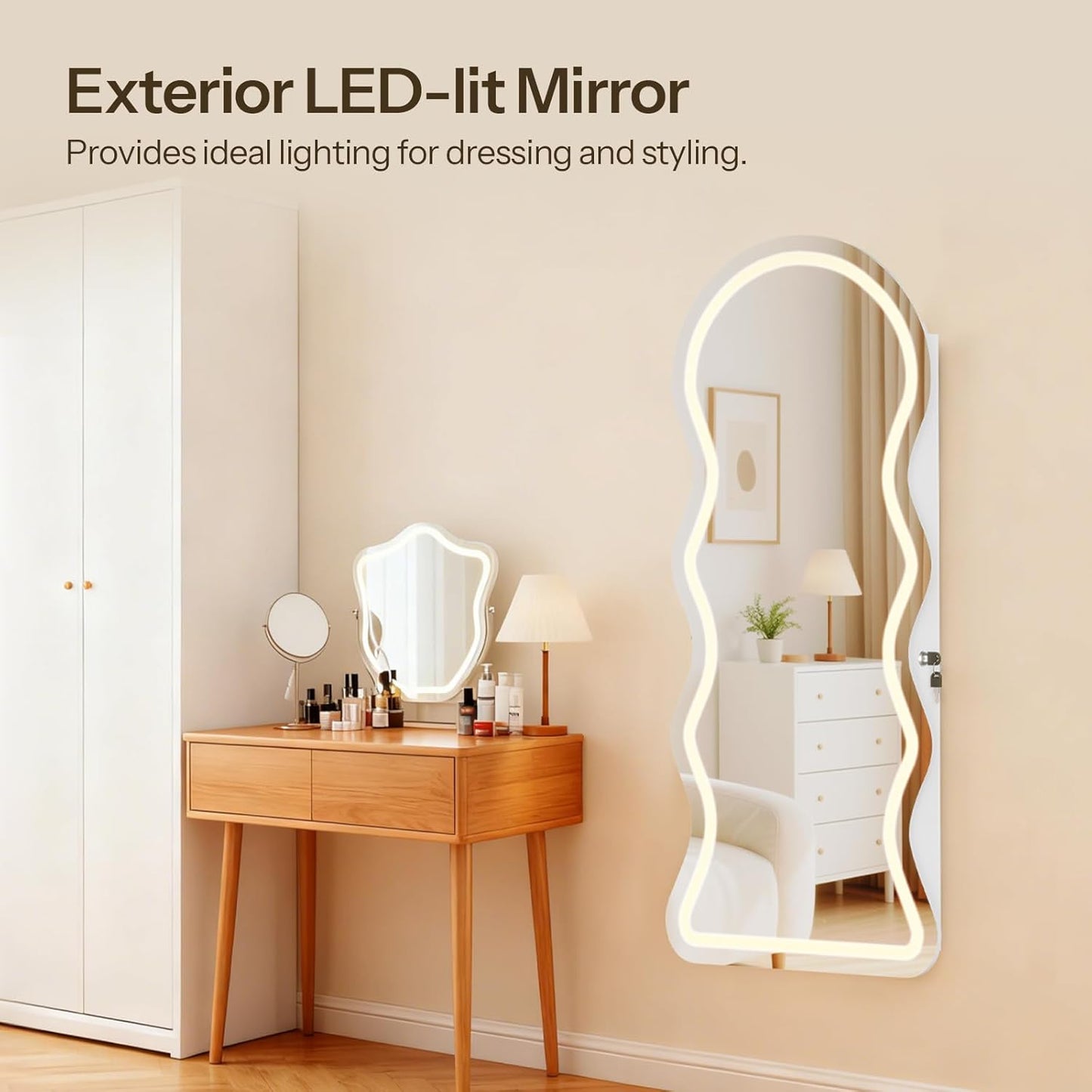 HOOBRO LED Mirror Jewelry Cabinet, Wall/Door Mounted Jewelry Organizer, Jewelry Aromire with Wavy Mirror Full Length, Lockable Cosmetics Storage Cabinet, Interior Mirror, 16.5" x 4.1" x 43.3", White