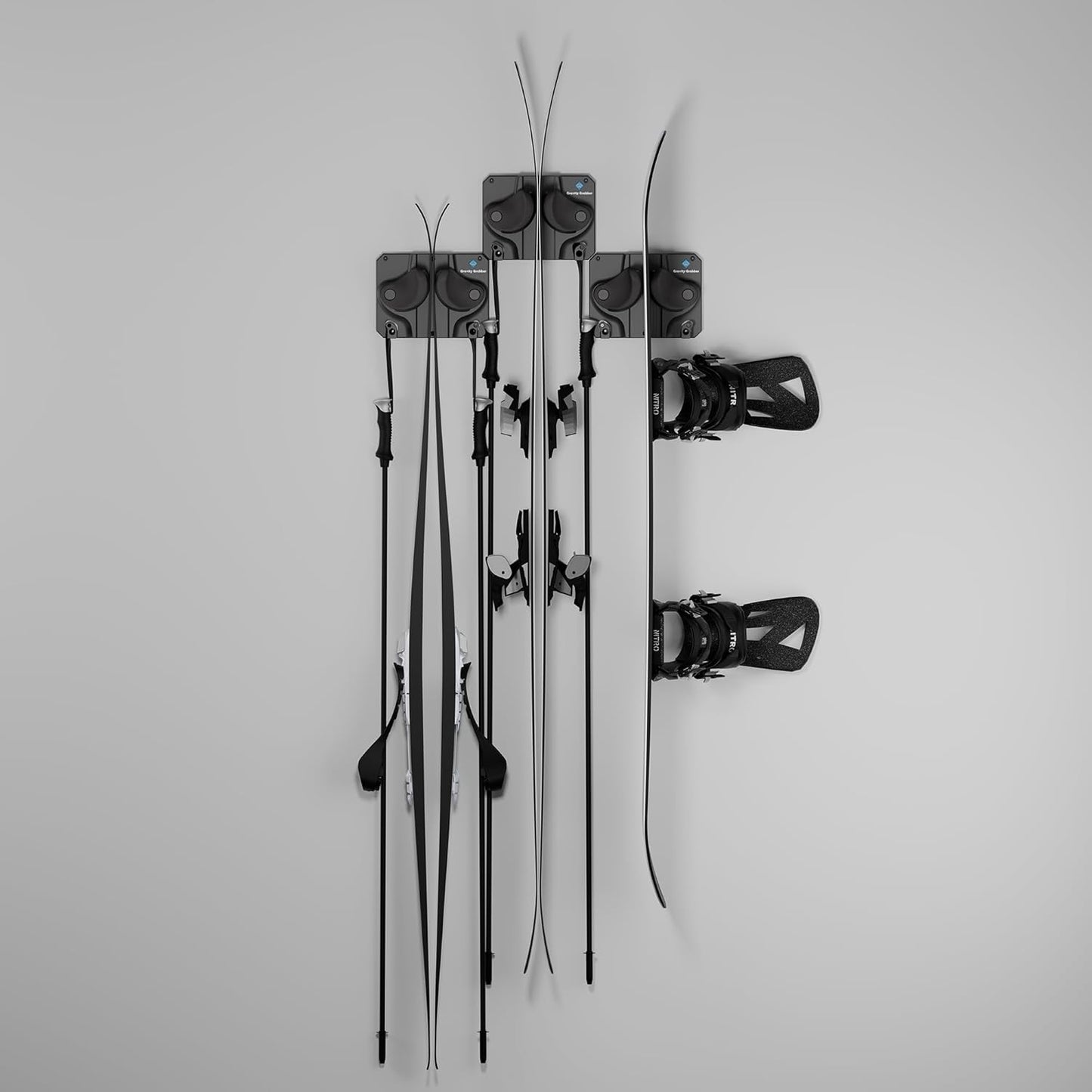 Gravity Grabber Ultimate Ski & Snowboard Wall Storage Rack - Fits any Ski or Snowboard - Save Your Rocker, Tips and Tails - Damage-free - 3x - Black