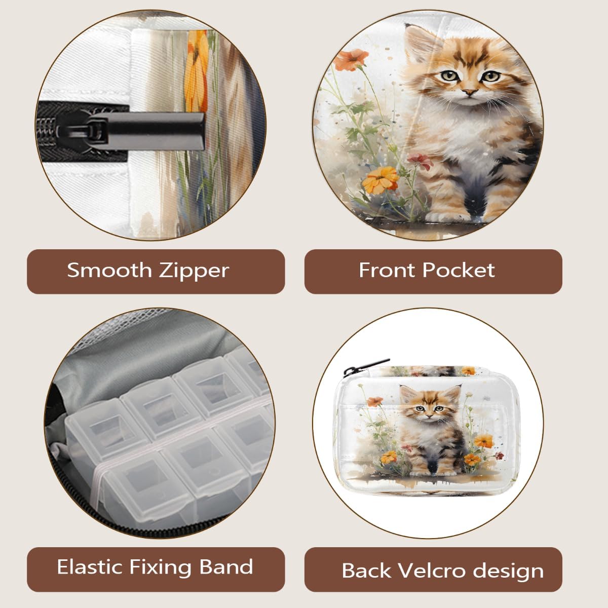 Watercolor Lovely Cat Flower Pill Organizer Travel Medicine Case with Zipper Daily Vitamin Storage Bag Portable 8 Slot Weekly Pill Box Supplement Holder for Home Office Gym Travel