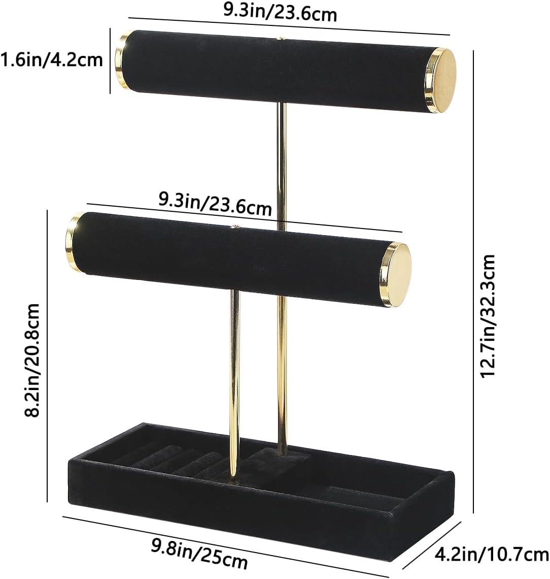Bracelet Holder, 2-Tier Bracelet Display Stand for Vendors, T-Bar Necklace Scrunchie Storage Rack, Bangle Watch Jewelry Display Tower(Black，2 Tier)