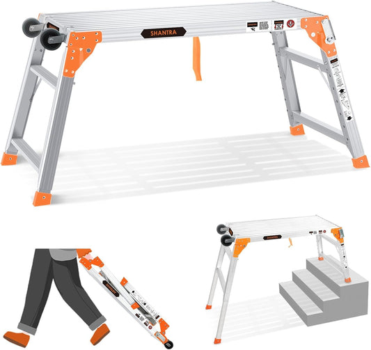 Multifunctional & Adjustable Work Platform with Wheels, 330 lbs Capacity, 25 to 35 inches Step Ladder, Aluminum Folding Scaffolding Ladder, Heavy Duty Portable Bench Ladder Stool with Non-Slip Feet