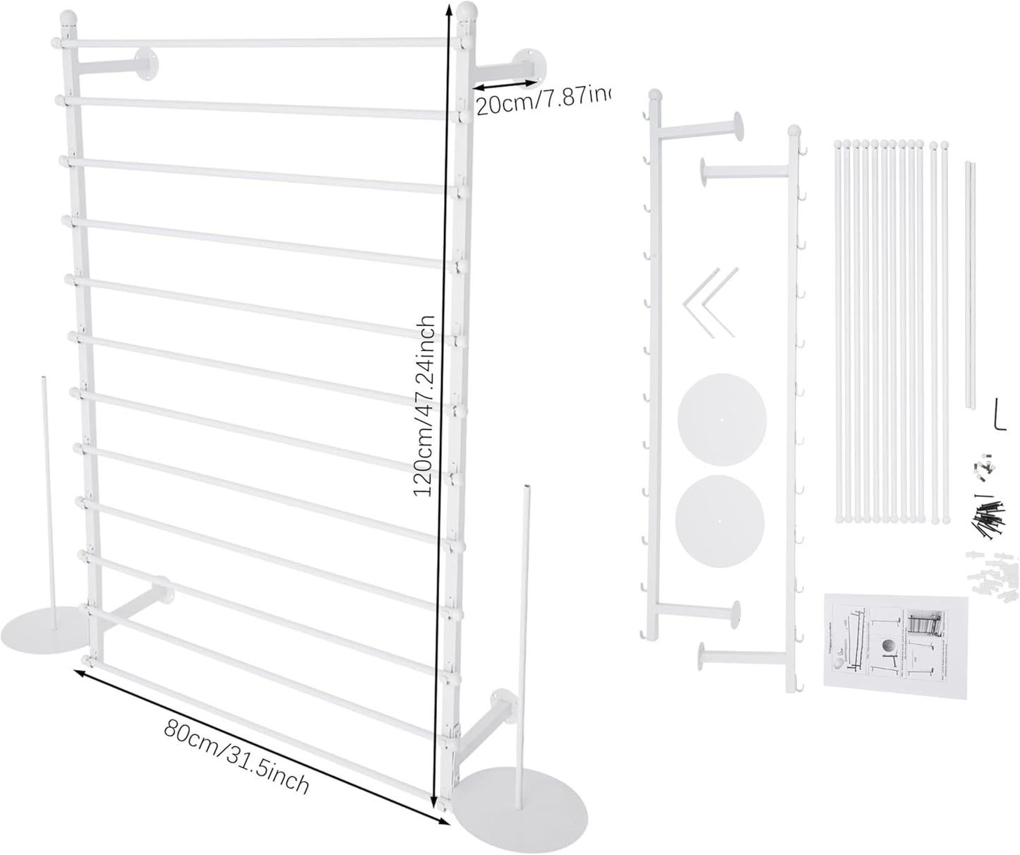 12 Layers 80cm White Wall Display Stand Wrapping Paper Ribbon Organizer Tie Scarf Rack Belt Towel Holder Spool Hijab Stand Metal Shelving for Home, Retail Stores, Flower Shop, Studio, Sewing