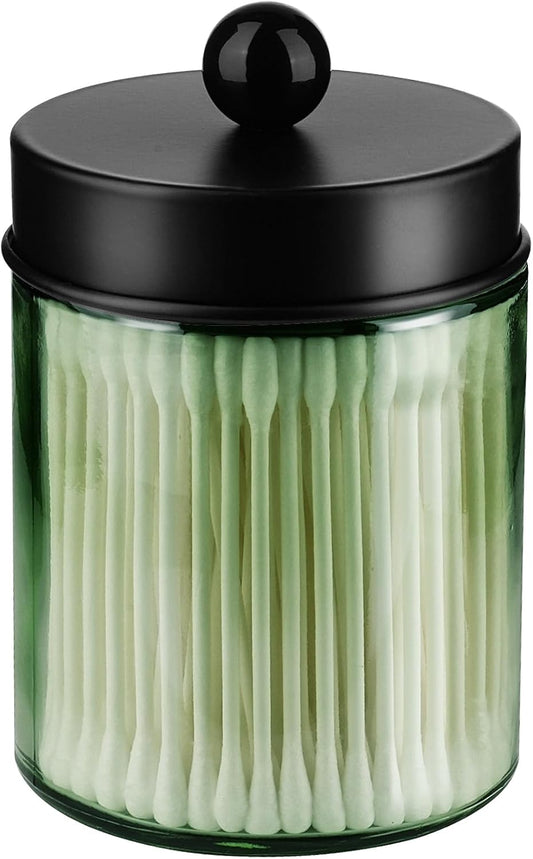 Amolliar Sage Green Apothecary Glass Jar With Metal Lid & Stickers, Bathroom Qtip Dispenser Storage Canister, Perfect for Cotton Balls, Cotton Swabs, Round Pads, Bath Salt, Floss, Black 1 Pack