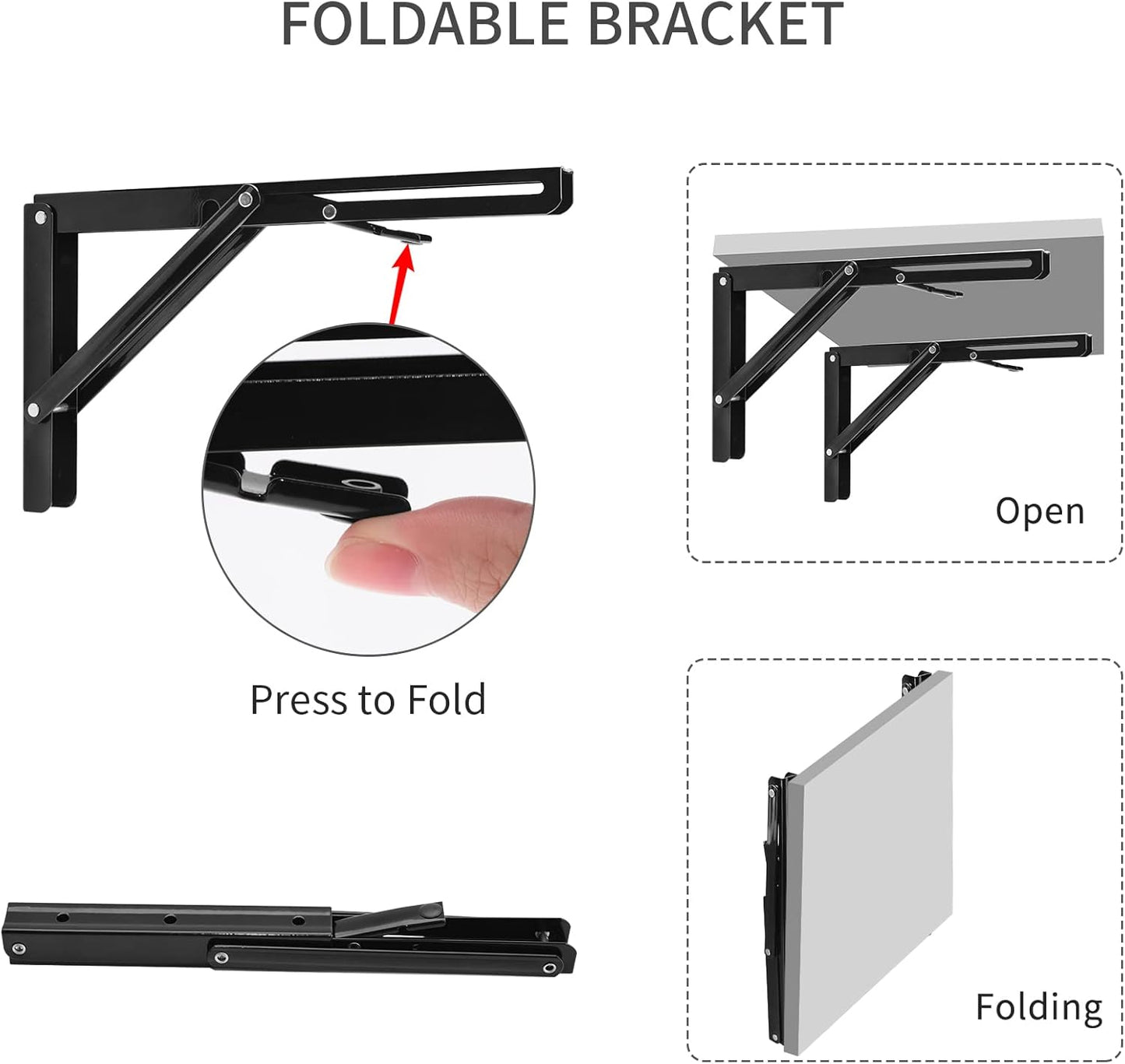 YUMORE Folding Shelf Brackets, 14 Inch Heavy Duty Collapsible Shelf Bracket, Black DIY L Bracket for Workbench Folding Table Hinge, Max Load: 330lb, 2 Pack