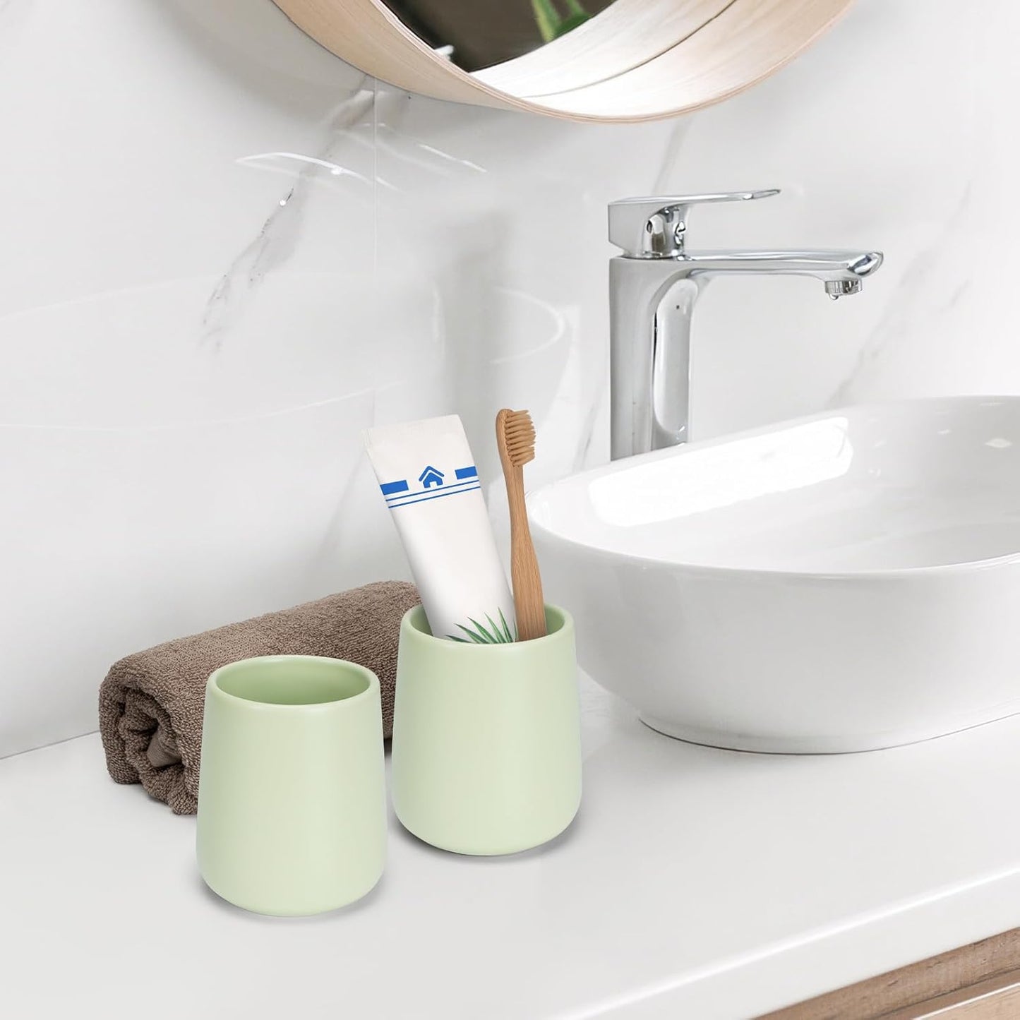 Bathroom Tumbler Cup Ceramic 13.5oz Reusable Toothbrush Cup 400ml,Toothbrush Holder Adequate for Your Bathroom (Green)