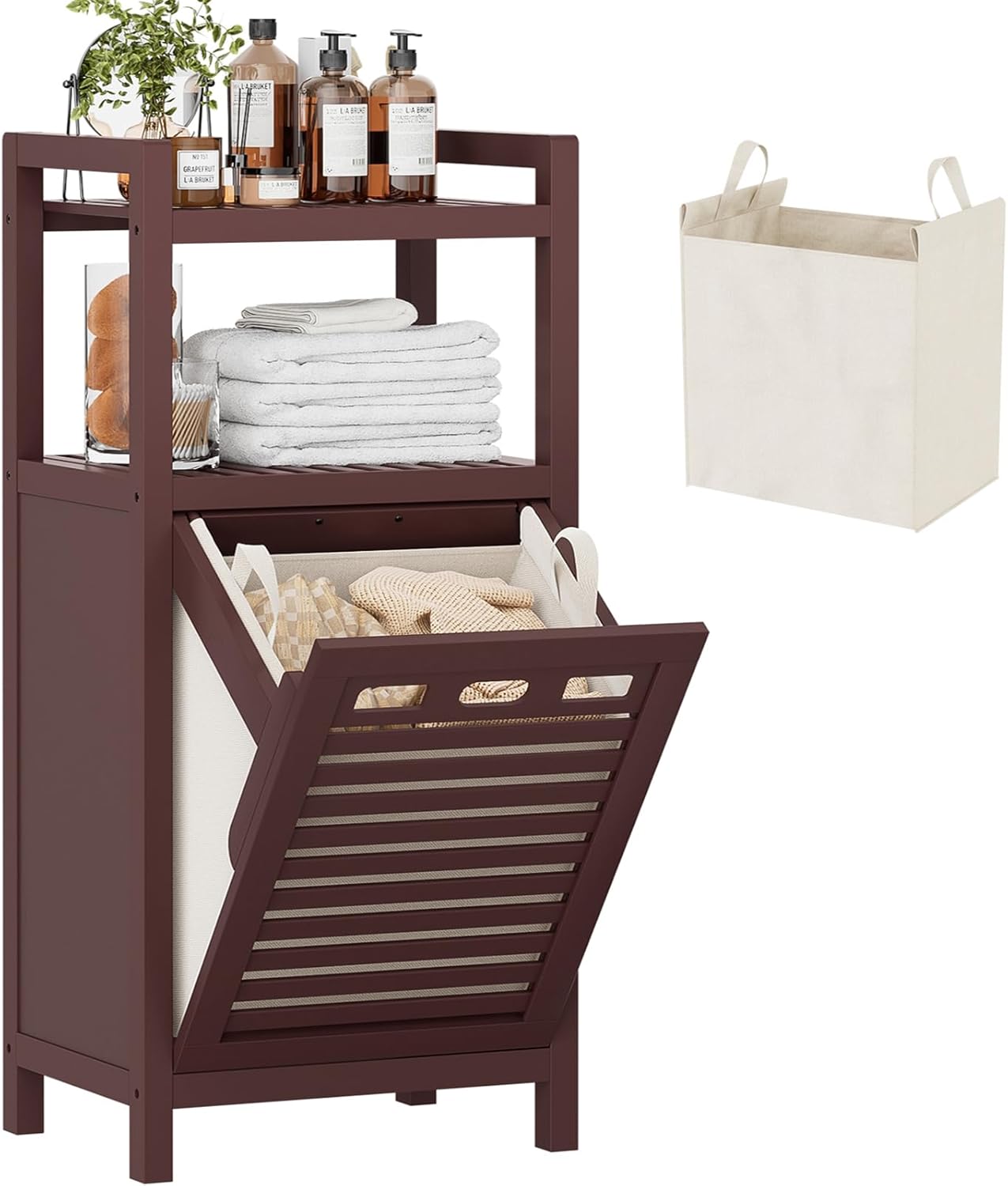 Homykic Tilt Out Laundry Hamper Cabinet, 10 Gal Bamboo Laundry Cabinet with Removable Basket, Hidden Hamper Organizer with Shelf for Dirty Clothes, Bathroom, Laundry Room, Space Saving, Espresso