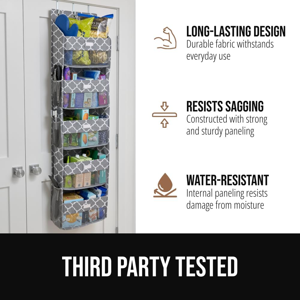 GORILLA GRIP Large Capacity Closet Organizer, 5 Deep Shelves, Holds 50lbs, Over the Door Organizers 6 Mesh Pockets, Shelf Storage for Clothes Crafts Essentials, 3 Metal Hooks, 58x15 Inches, Quatrefoil