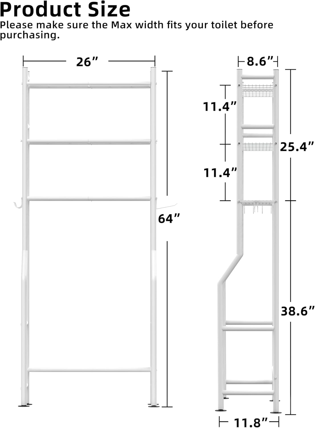3-Tier Over The Toilet Storage, Freestanding Metal Bathroom Shelves with 4 Hooks, Over Toilet Storage Shelf with Paper Holder, Above The Toilet Shelf for Bathroom Storage, White