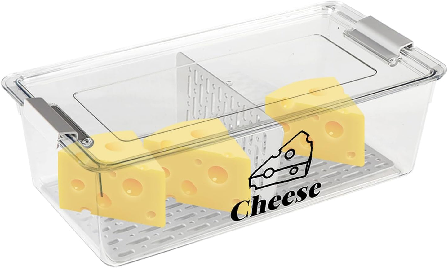 Cheese Container Airtight with Draining Basket Cream Block Cheese Sliced Cheeses Box with Lid for Fridge Shredded Saver 2 Compartment Deli Meat Storage Box,Cheeses Sliced,Grated,Cheddar Keeper