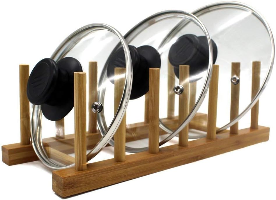 INNERNEED Bamboo Wooden Dish Rack, Vertical Plate & Lid Organizer for Kitchen Cabinet or Countertop, Drying Stand for Dishes, Cutting Boards
