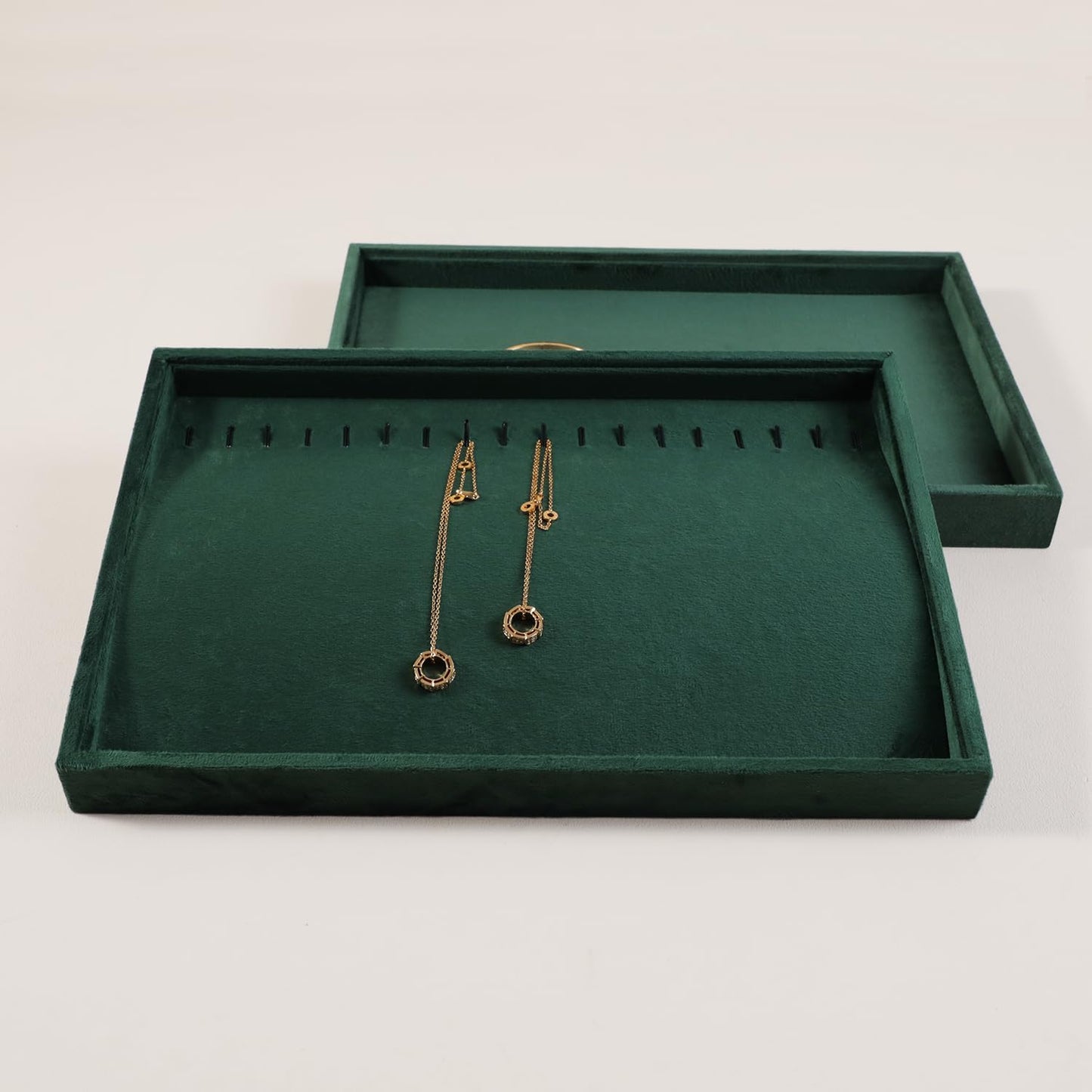 Velvet Jewelry Display Tray For Bracelet Pendant Necklace, Multi-Slot Stackable Storage Tray For Long Chain Jewelries, Drawer Insert Jewelry Organizer (Green)